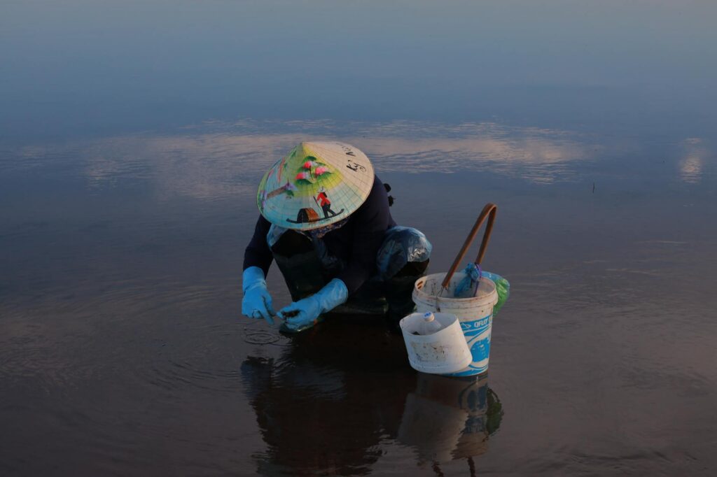 A person in a blue hat and blue gloves is kneeling in the water