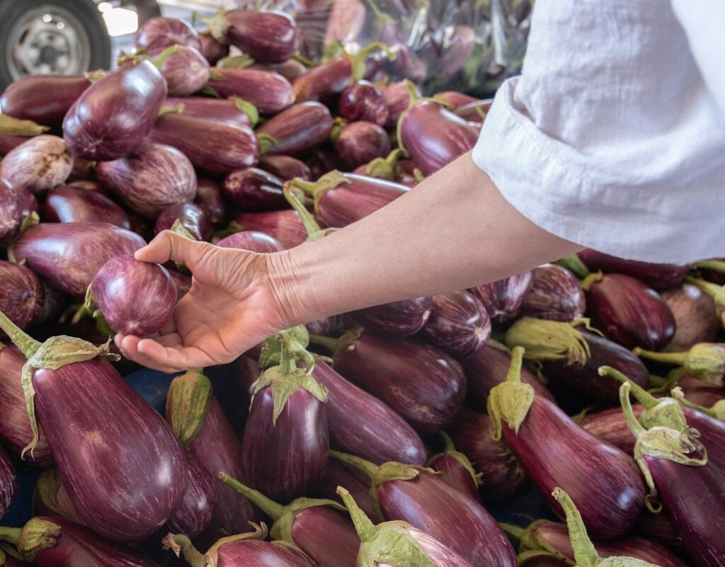 A person is picking up an eggplant at a farmers market