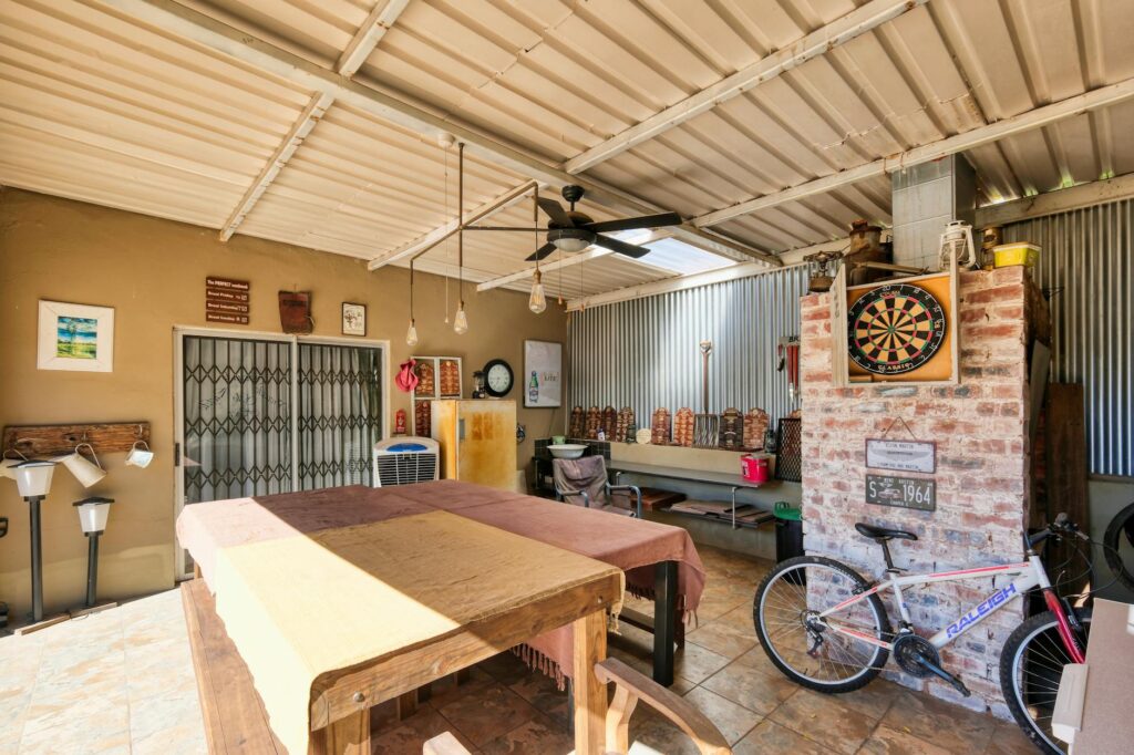 A garage with a bike and a table